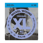 D'Addario EXL116 electric guitar strings 11-52 medium top/heavy bottom, showing a set of six nickel-plated strings.