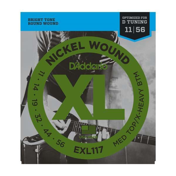 D'Addario EXL117 electric guitar strings 11-56 medium top and extra-heavy bottom, showcasing the coiled strings on a guitar.