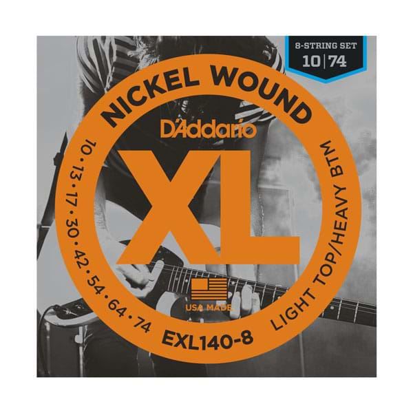 D'Addario EXL140-8 8-string electric guitar strings with light top and heavy bottom, arranged on a string spool.