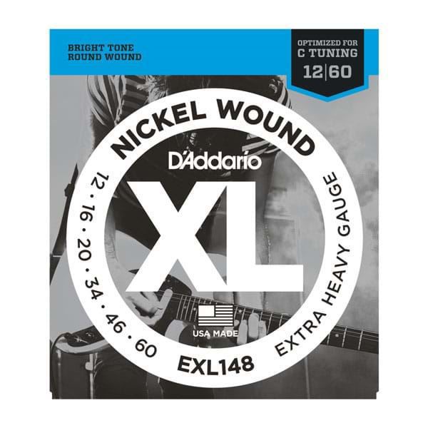 D'Addario EXL148 electric guitar strings 12-60 extra heavy gauge, shown on a guitar with colorful background.