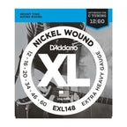 D'Addario EXL148 electric guitar strings 12-60 extra heavy gauge, shown on a guitar with colorful background.