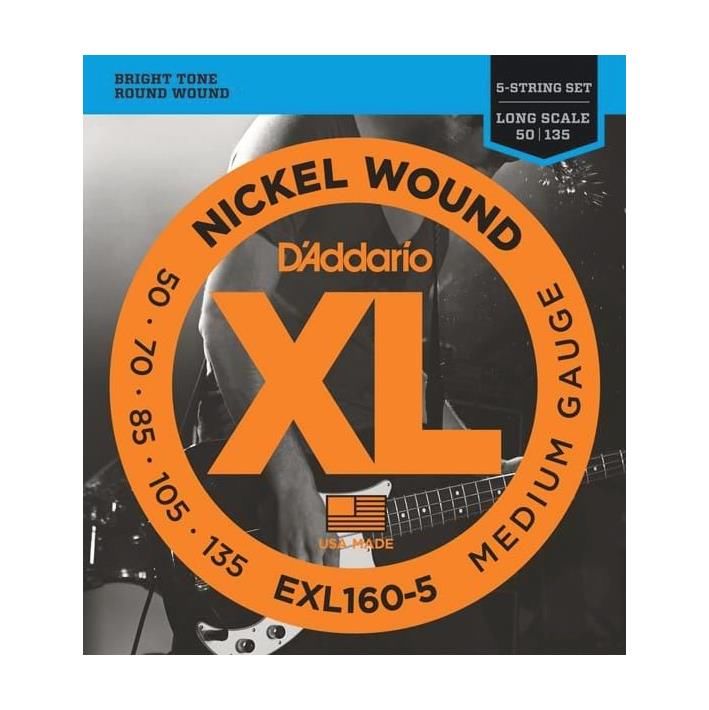 D'Addario EXL160-5 5-string bass guitar strings set, medium gauge 50-135, long scale for bass guitar playing.