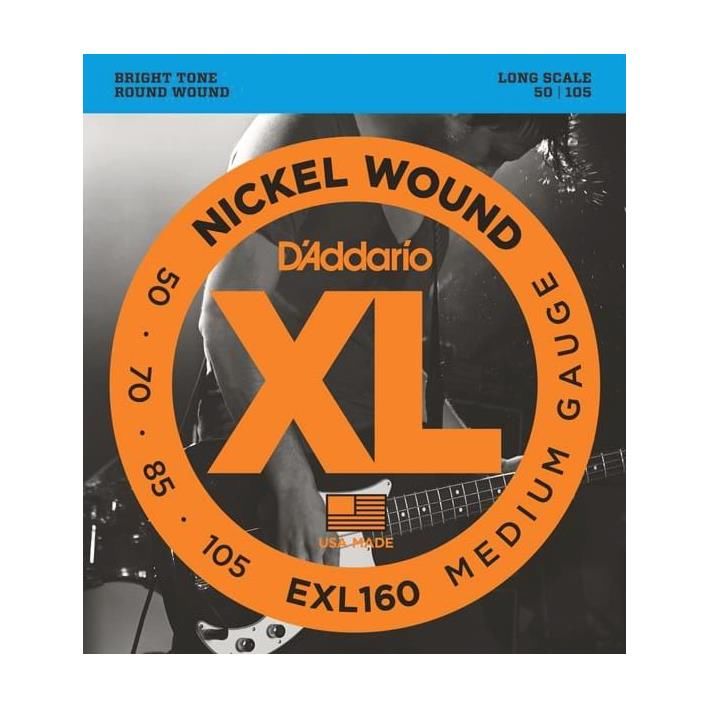 D'Addario EXL160 medium gauge bass guitar strings 50-105 on a long scale, showing the packaging and strings coiled.