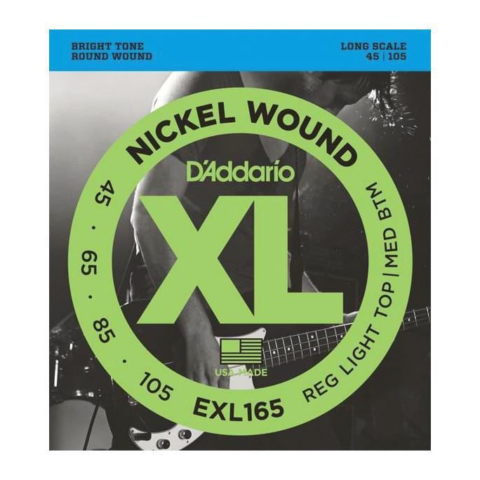 D'Addario Exl165 bass guitar strings, 45-105 gauge, soft top, regular bottom, long scale, with six strings laid out.