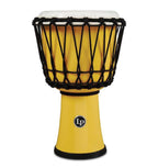 LP LP1607 7-inch yellow rope-tuned circle djembe with perfect-pitch head, showcasing detailed drum head and vibrant yellow body.