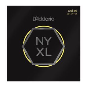 D'Addario NYXL0946 Nickel Wound Electric Guitar Strings Super Light Top/Regular Bottom 09-46, placed on guitar.