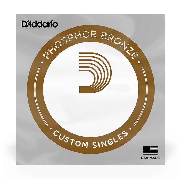 D'Addario PB024 single phosphor bronze wound acoustic guitar string, close-up view showing the string's metal winding and branding