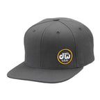 DW Drum Workshop grey snapback hat with Drum GMI branding, featuring a structured design and adjustable snapback closure.