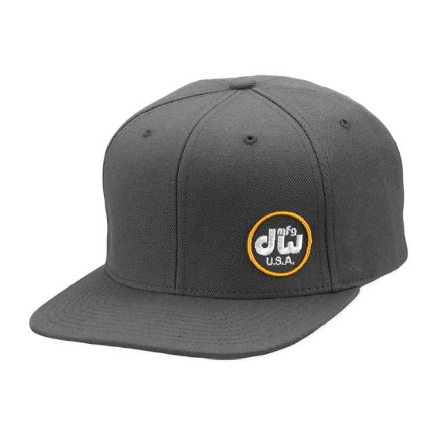 DW Drum Workshop grey snapback hat with Drum GMI branding, featuring a structured design and adjustable snapback closure.