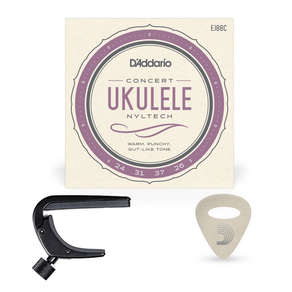 D'Addario Ukulele Accessories Bundle inc NS Capo, Concert Uke Strings & Felt Picks