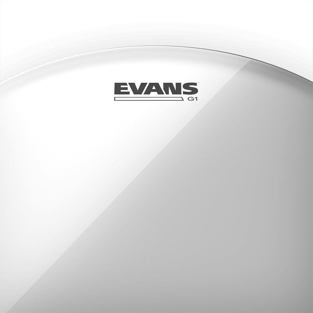 Evans 10-inch Genera G1 clear drum head mounted on a drum, showing the transparent surface and brand logo.