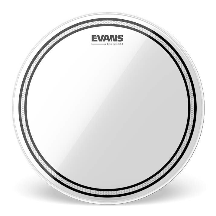Evans EC Resonant 12-inch drum head with black branding and clear surface, designed for resonant sound and durability.