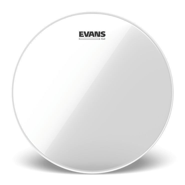 Evans 12-inch Genera G2 clear drum head for drums, showing the transparent surface and branding on the drum head.