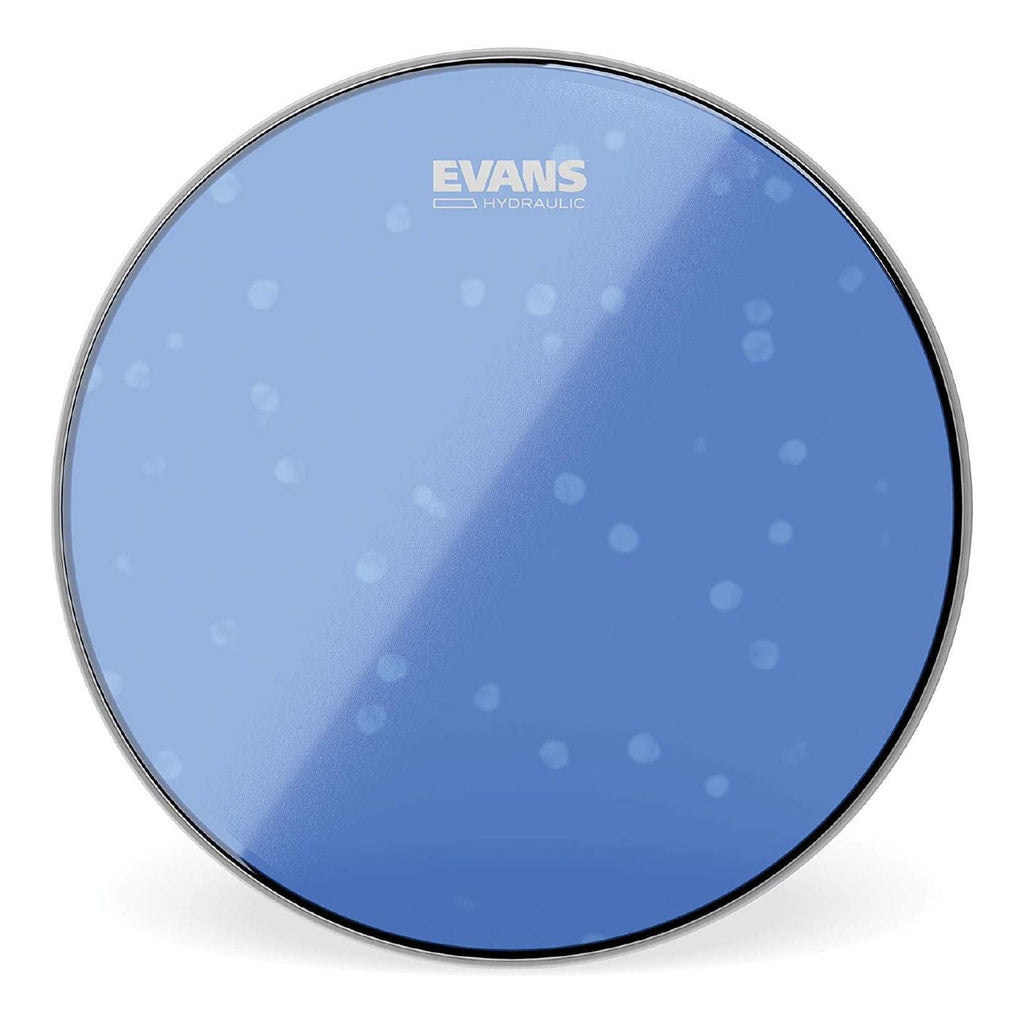 Evans hydraulic blue 12-inch drum head, part of Evans drum heads series, showing the textured blue surface and branding details.