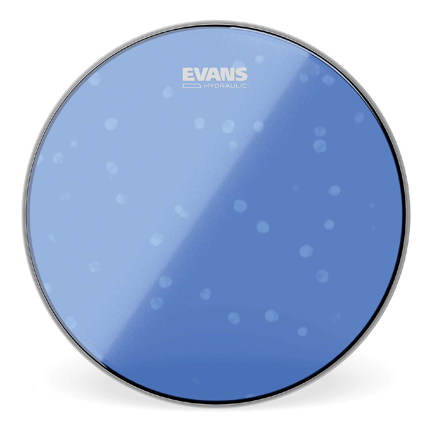 Evans hydraulic blue 12-inch drum head, part of Evans drum heads series, showing the textured blue surface and branding details.