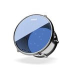 Evans Hydraulic Blue 12-inch drum head for drums, showing the blue surface with Evans branding and drum head texture.