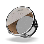 Evans 12-inch hydraulic clear drumhead showing a transparent, textured drum head with brand logo and mounting hardware.