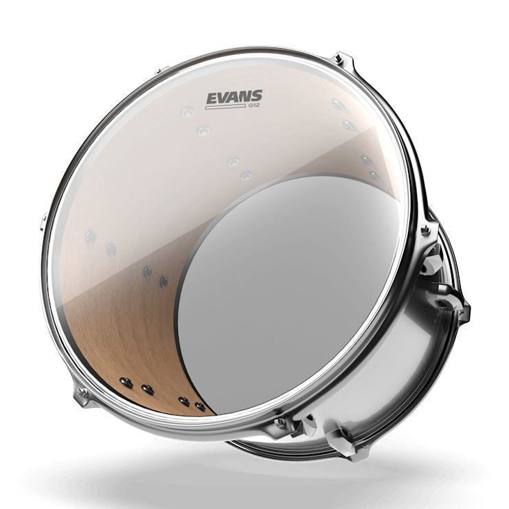 Evans 13-inch Genera G12 clear drum head with branding, showing the transparent drum head surface and packaging details.