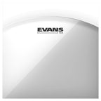Evans 13-inch Genera G2 clear drum head on drum kit, showing smooth transparent surface and branding details.