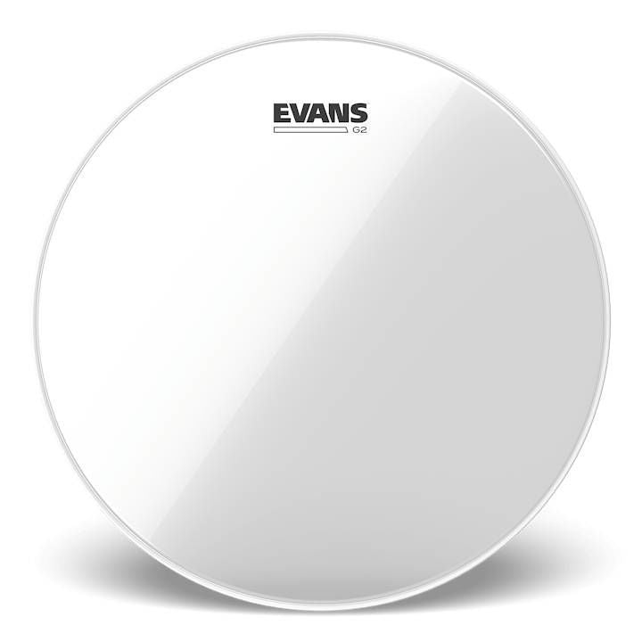 Evans 14-inch Genera G2 clear drum head showing a transparent drum head with Evans branding and packaging.