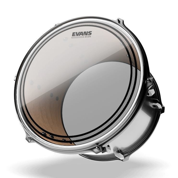Evans 16-inch EC2 Clear SST drum head shown on a drum, designed for durability and clear sound quality in percussion instruments.