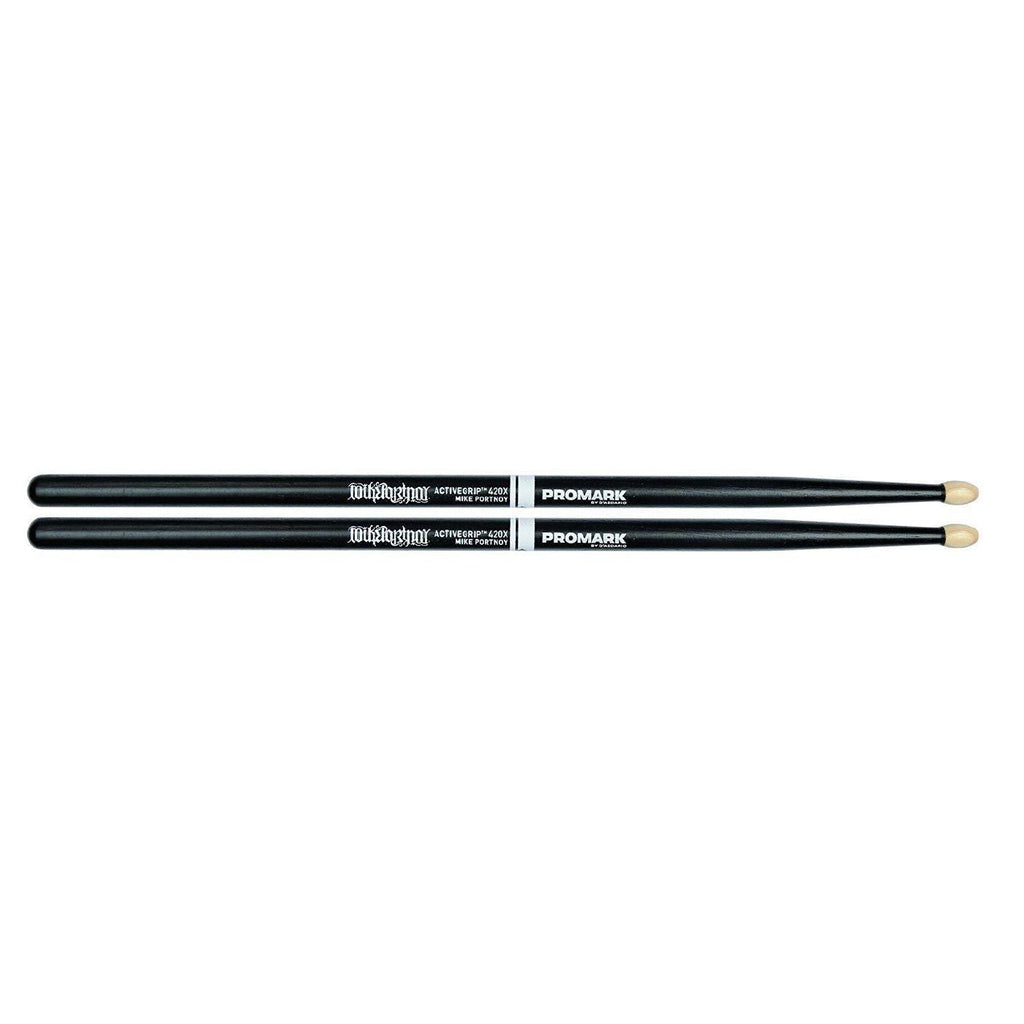 ProMark Mike Portnoy ActiveGrip 420X Hickory Oval Wood Tip drumsticks with textured grip for drummers.