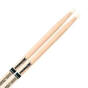 ProMark AM Hickory 747 drumsticks with natural nylon tips, standard size for drumming, made of hickory for durability and grip.