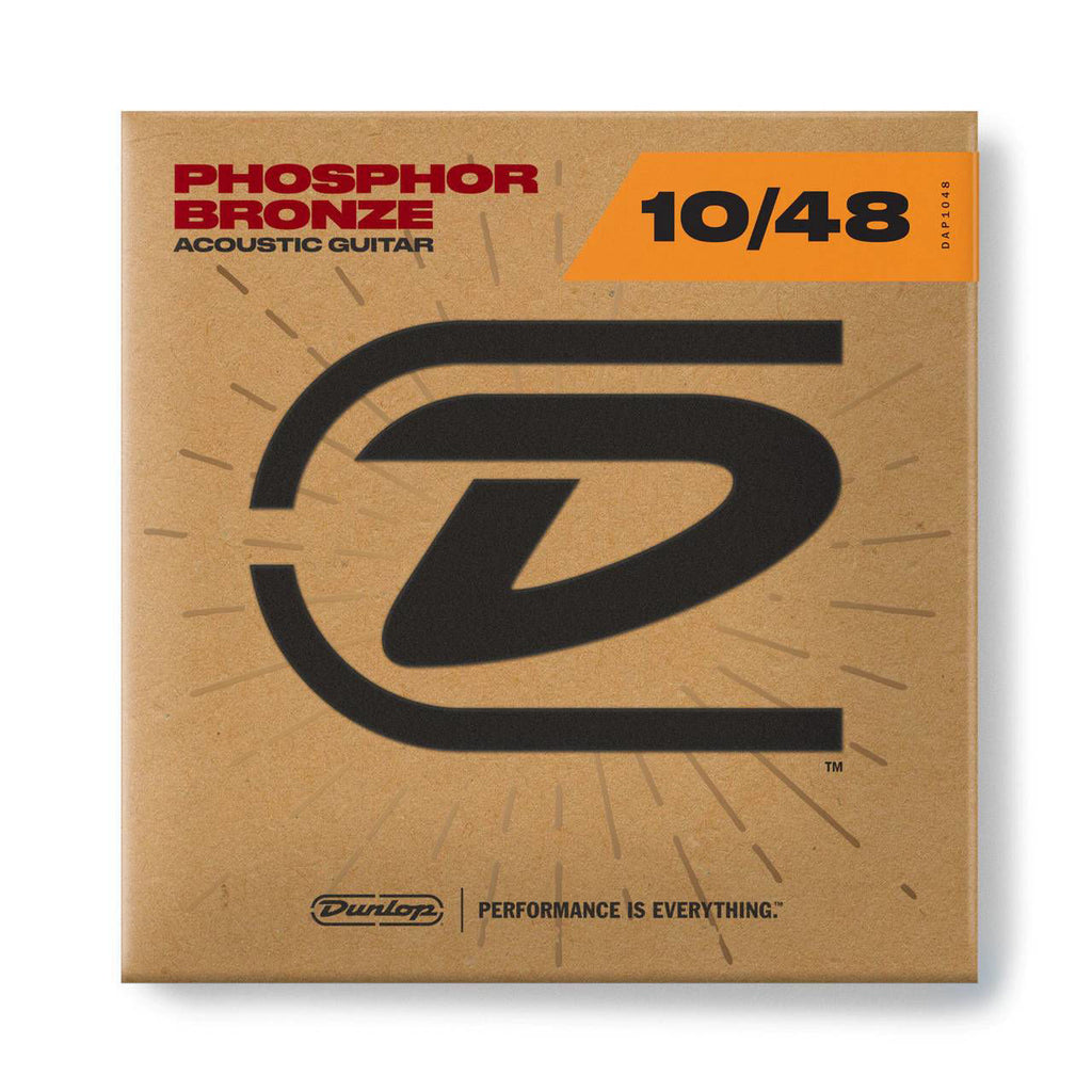 Jim Dunlop DAP10 Phosphor Bronze acoustic guitar strings, extra light gauge 10-48, shown on a guitar.