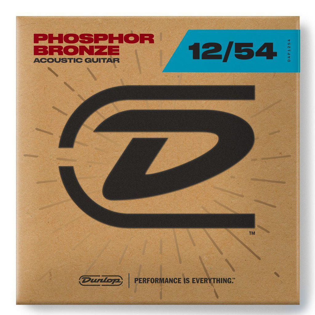 Dunlop DAP12 phosphor bronze acoustic guitar strings in light gauge 12-54, showing a set of new strings on a guitar background.