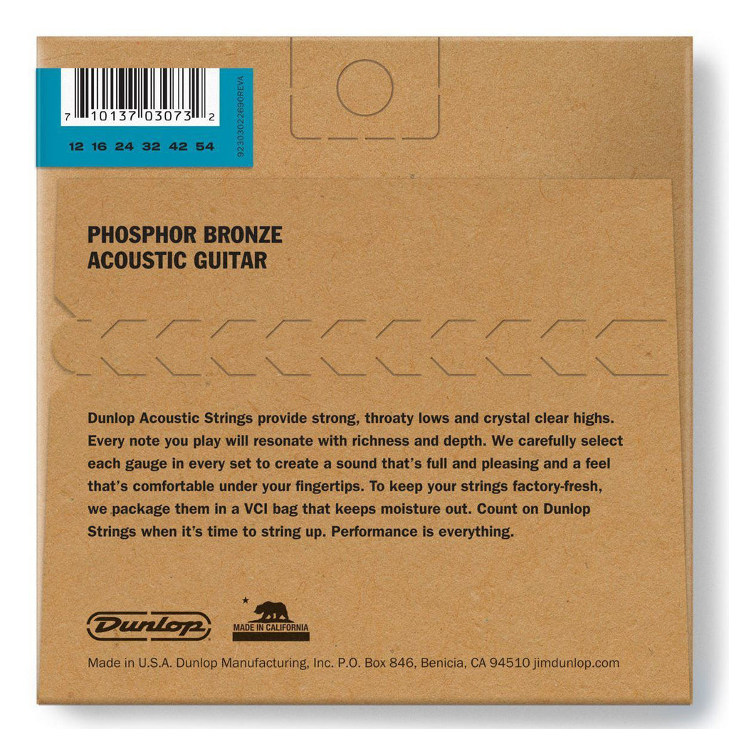 Dunlop DAP12 phosphor bronze acoustic guitar strings, light gauge 12-54, shown on a guitar for warm, bright sound.