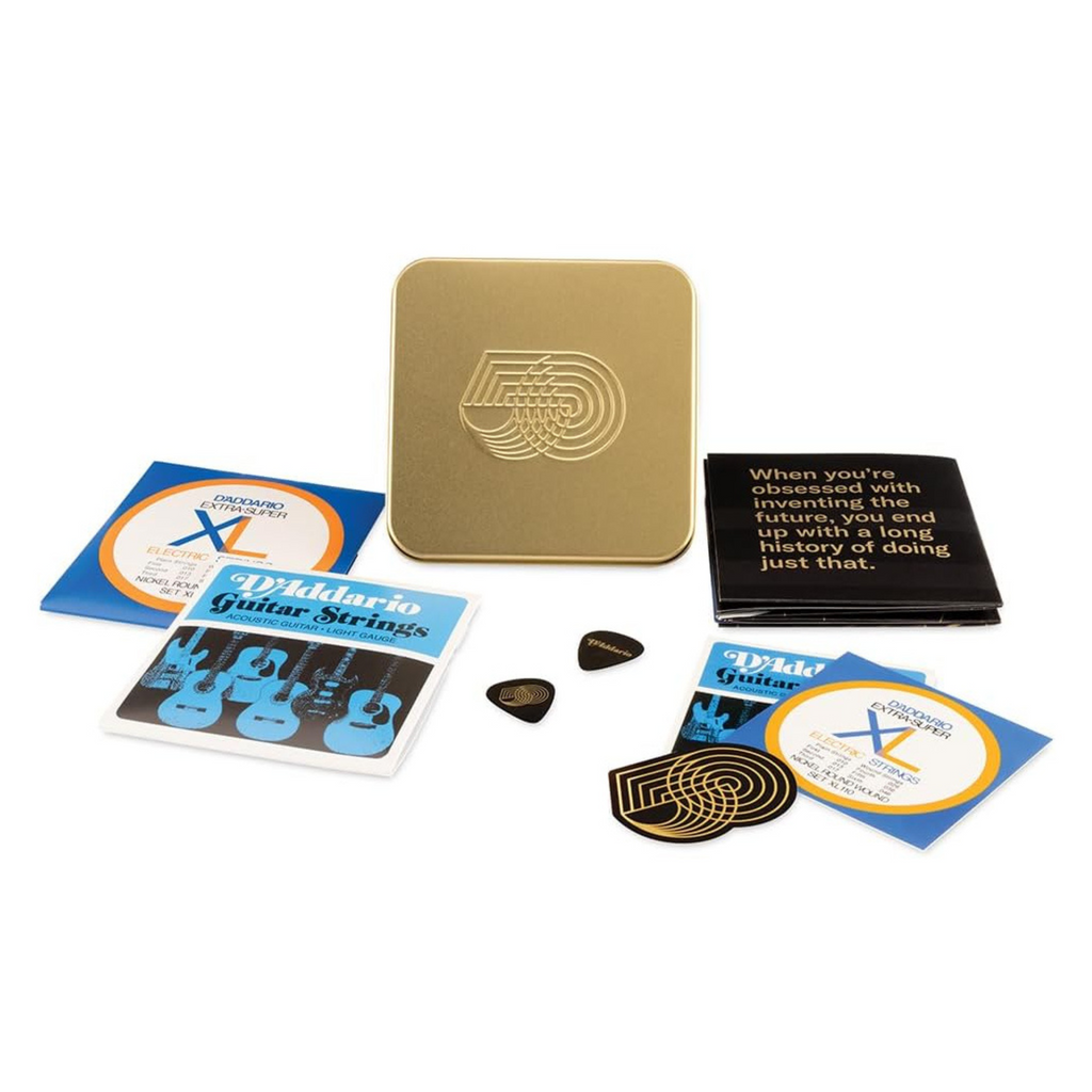 D'Addario 50th Anniversary Collectors Tin with EJ16 and EXL110 guitar picks, featuring D'Addario branding and anniversary design.