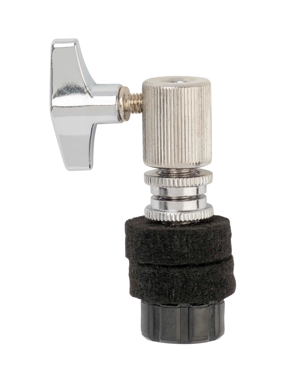 Chrome DXP DBT342 Hi-Hat Clutch for DXPHH3 and DXPHH5 drum hardware, shown attached to hi-hat cymbals.