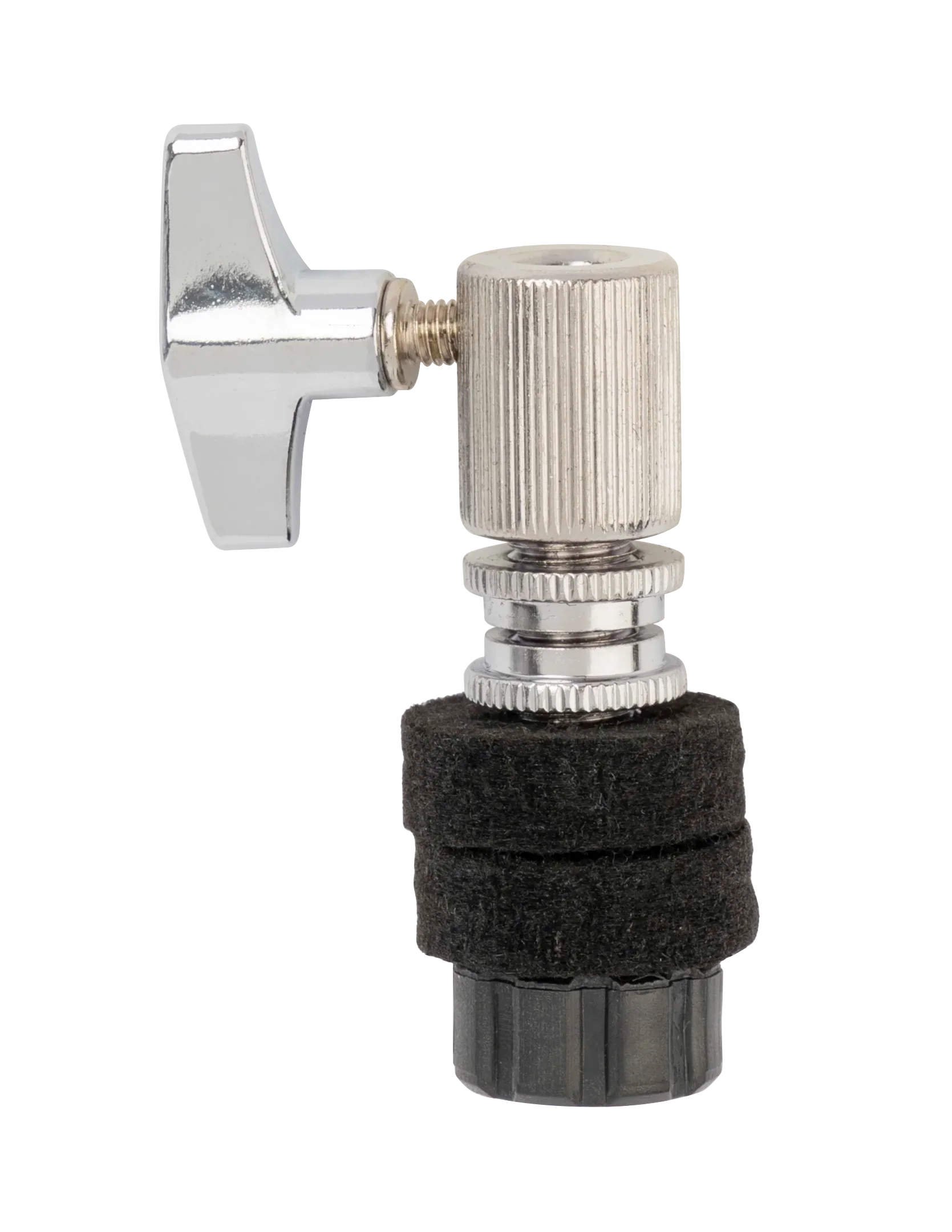 Chrome DXP DBT342 Hi-Hat Clutch for DXPHH3 and DXPHH5 drum hardware, shown attached to hi-hat cymbals.