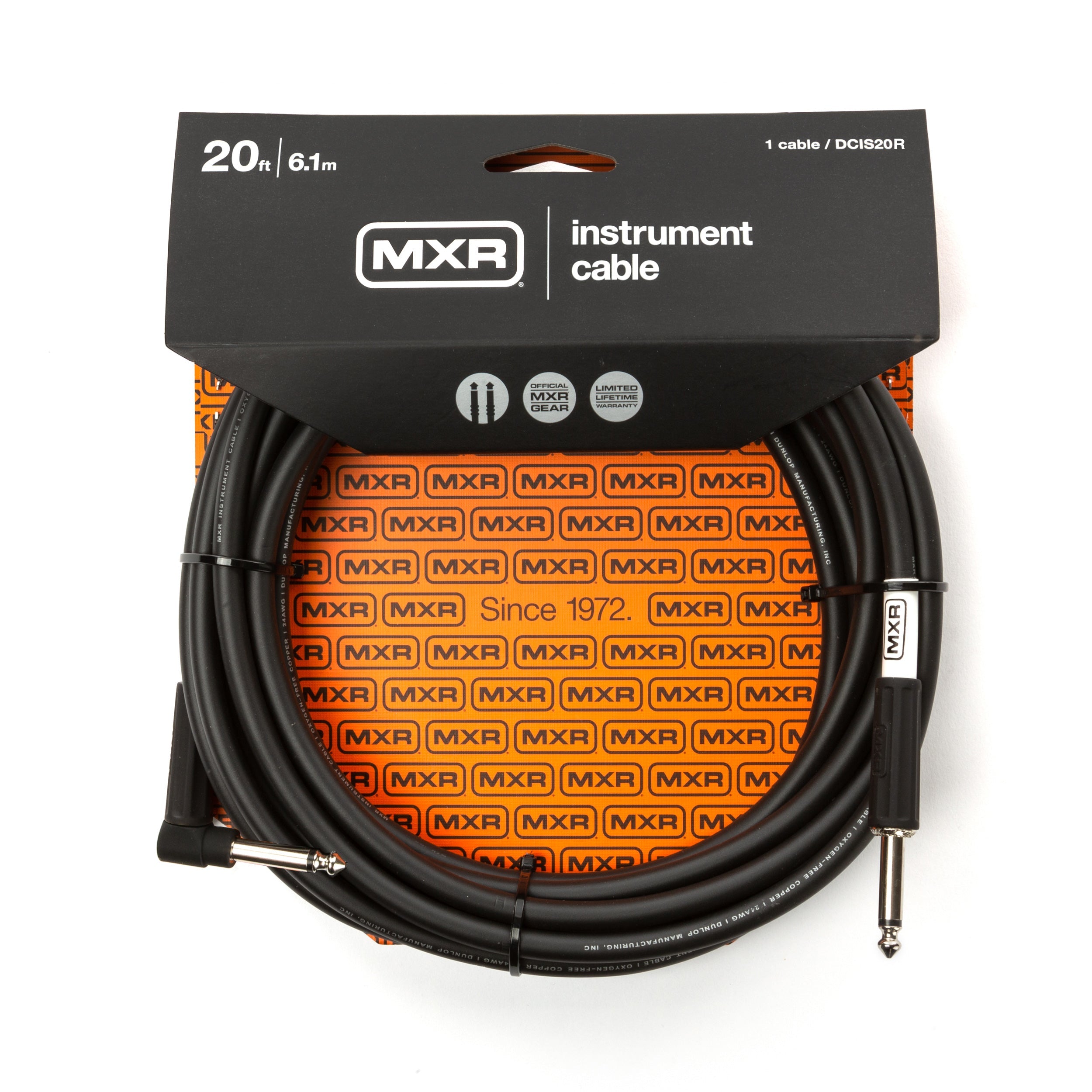 MXR 20ft guitar lead with straight to right connectors, black cable with metal plug ends for electric guitar connection.
