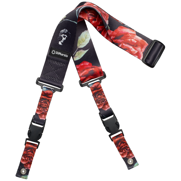 DiMarzio Polyphia Cliplock Guitar Strap in Floral Muse Black with adjustable cliplock design and vibrant floral pattern on black strap.