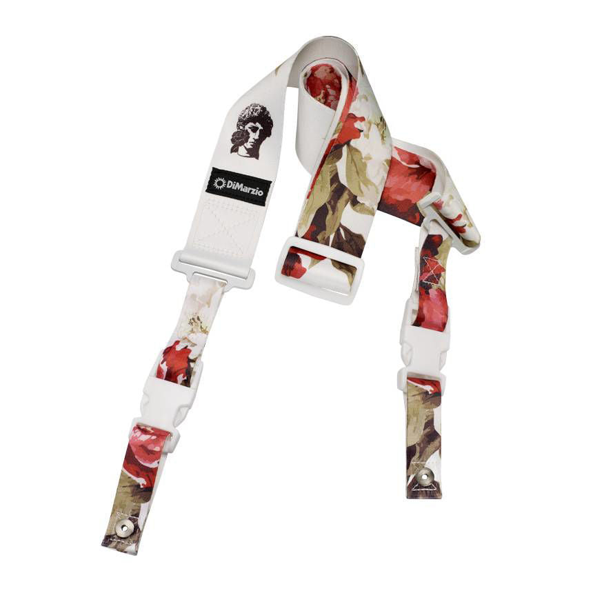DiMarzio Polyphia floral muse white guitar strap with cliplock design and vibrant floral pattern.