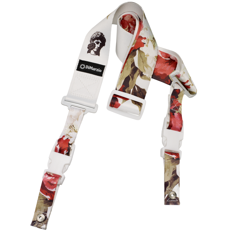 DiMarzio Polyphia Cliplock guitar strap featuring floral muse white design with secure cliplock ends for electric guitars