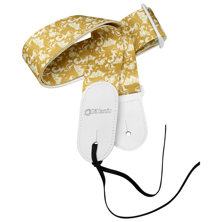 DiMarzio Steve Vai UtoPIA 2 nylon guitar strap with leaf pattern in black and gold, featuring adjustable length and textured design.