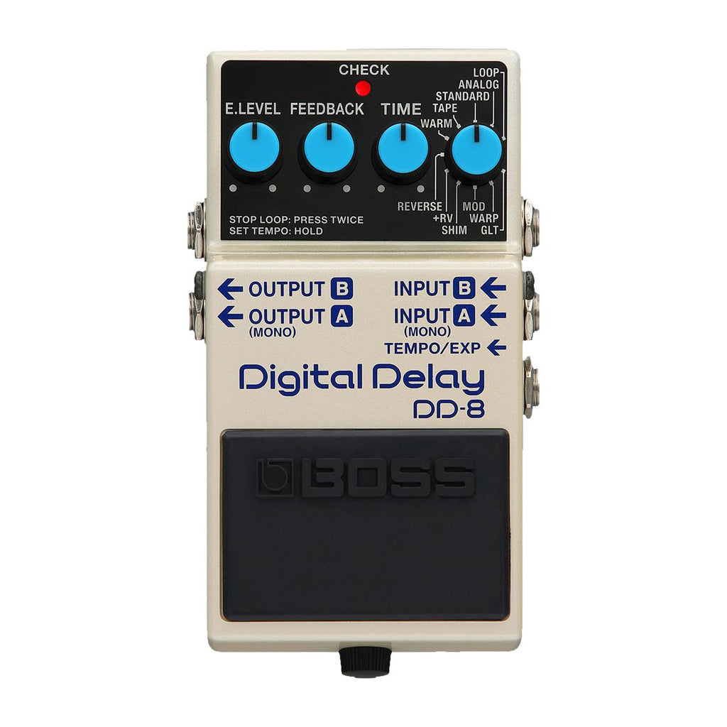 BOSS DD-8 Digital Delay guitar effects pedal with control knobs and input/output jacks for versatile sound effects.