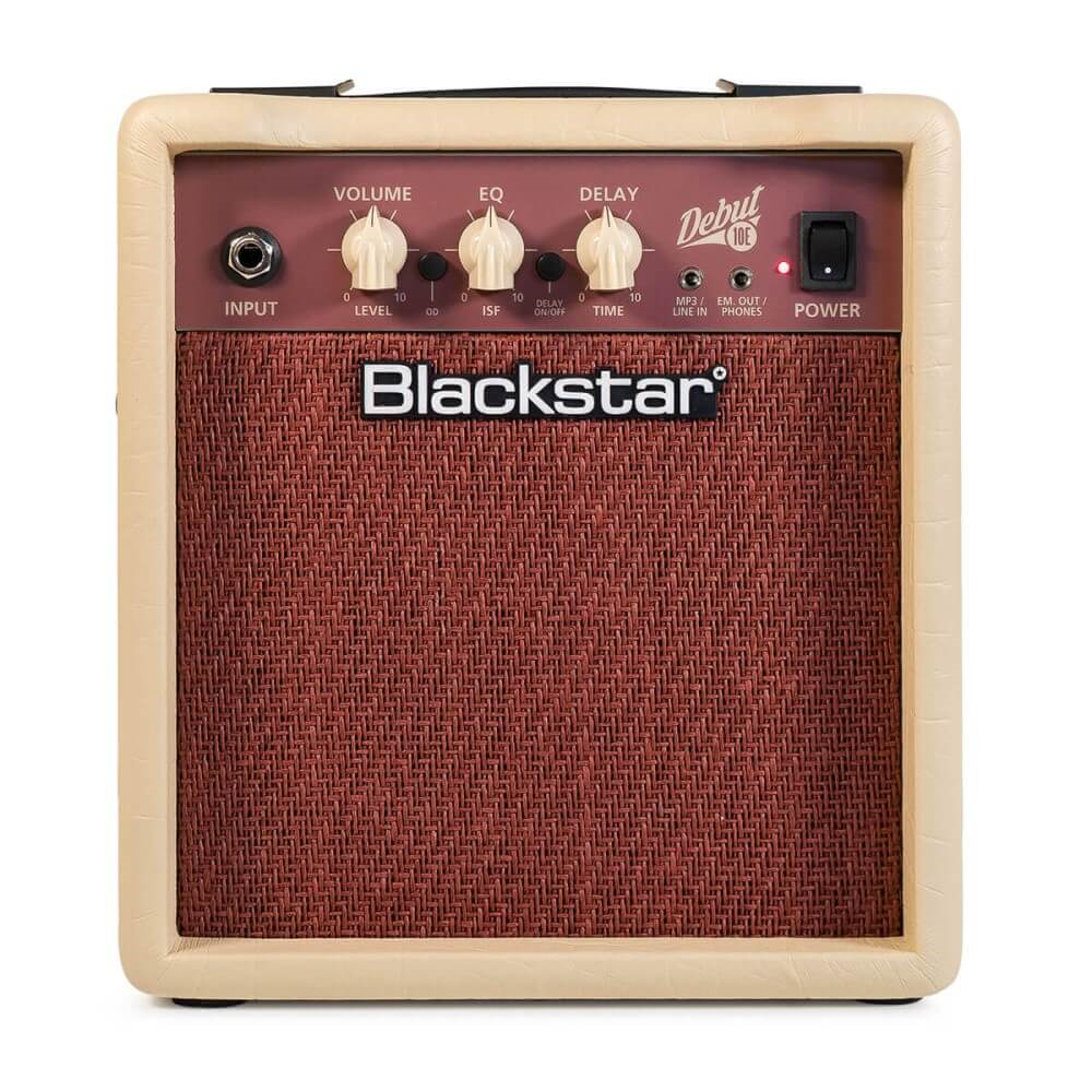 Blackstar Debut 10E 10W electric guitar combo amplifier with a sleek black design and control knobs visible.