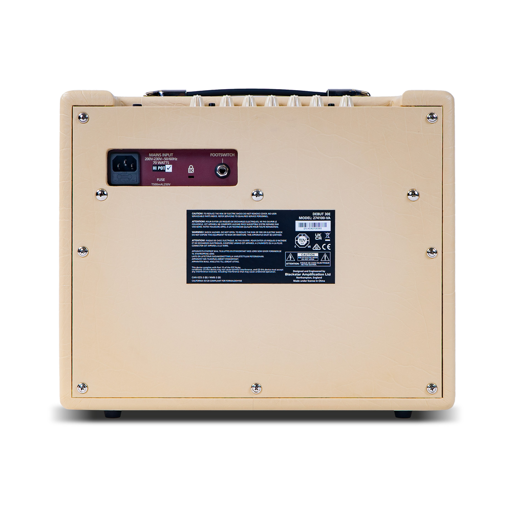 Blackstar Debut 30E 30W combo guitar amplifier in cream color showing control knobs and speaker grille.