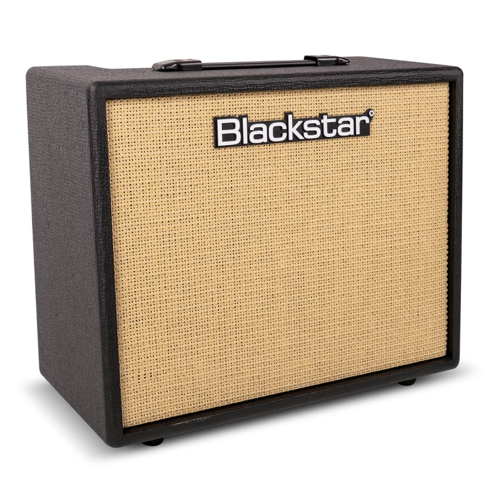 Blackstar Debut 50R 1x12 guitar combo amplifier in black, showcasing its control panel and speaker grille.