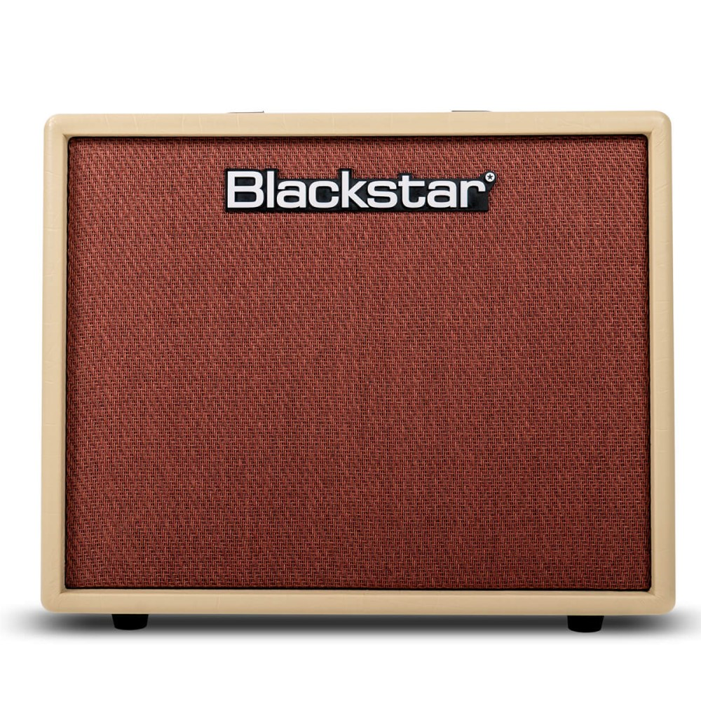 Blackstar Debut 50R cream 1x12 guitar combo amplifier with control panel and speaker grille, 50W tube amp for electric guitars.