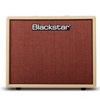 Blackstar Debut 50R cream 1x12 guitar combo amplifier with control panel and speaker grille, 50W tube amp for electric guitars.