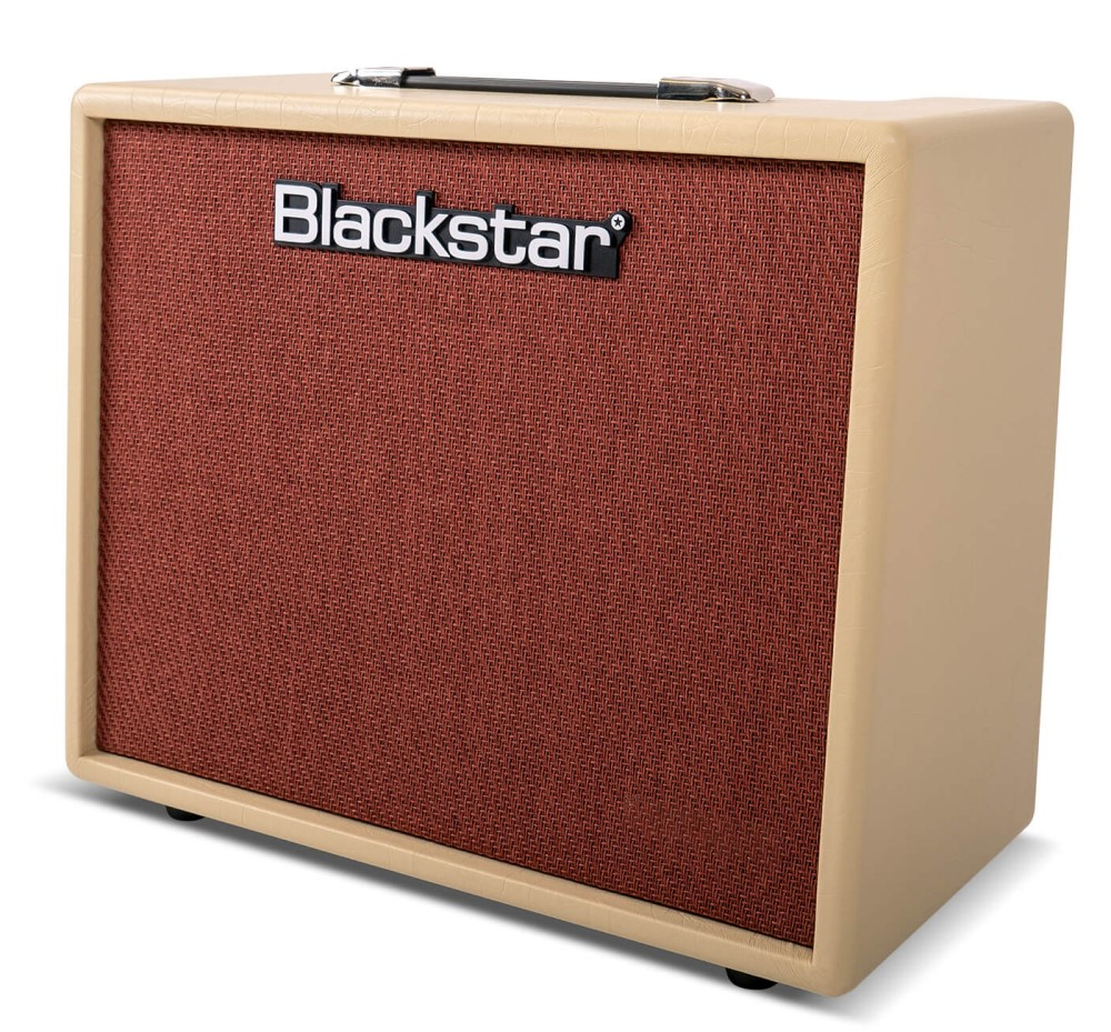 Blackstar Debut 50R 1x12 guitar combo amplifier in cream, featuring a 50W tube amp with control knobs and speaker grille.