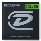 Dunlop DEN1150 electric guitar strings, medium heavy gauge 11-50, close-up of the packaged strings for electric guitar.