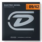 Dunlop DEN942 electric guitar strings in light gauge 9-42, shown on a guitar neck with focus on the string packaging.