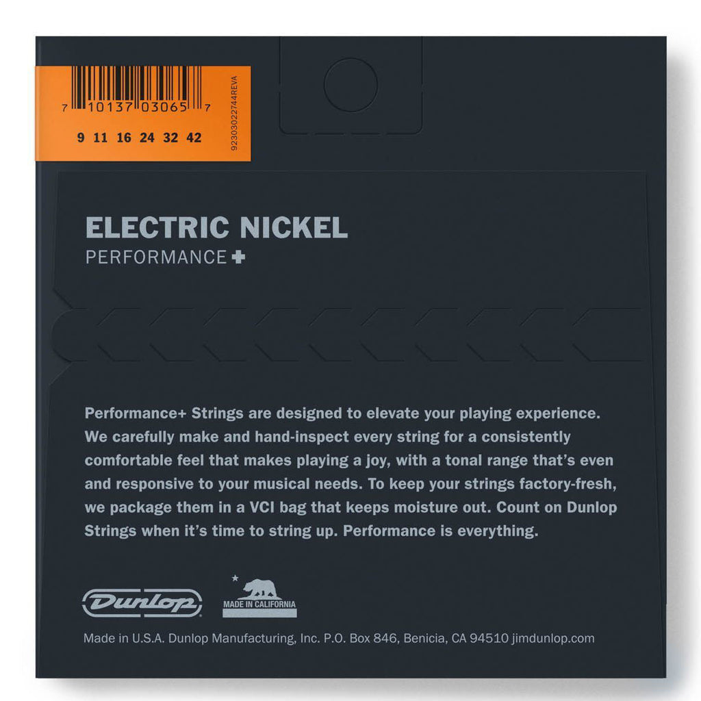 Dunlop DEN942 light electric guitar strings in 9-42 gauge, shown on a guitar neck with packaging visible.