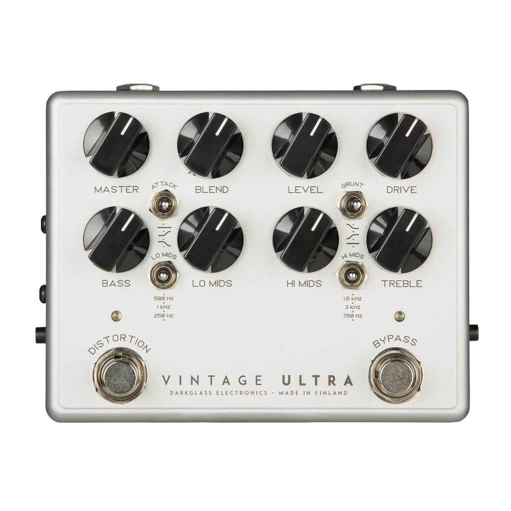 Darkglass Vintage Ultra Bass Overdrive Pedal with aux input, showing controls and vibrant design on a black effects pedal.