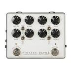 Darkglass Vintage Ultra Bass Overdrive Pedal with aux input, showing controls and vibrant design on a black effects pedal.